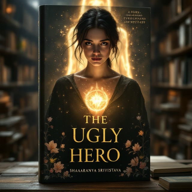 Nora stands at the forefront, her form slightly hunched but determined. She is depicted with uneven skin and a visible scar, wearing modest clothing that contrasts sharply with the glowing, ethereal figure of Elinor in the background. Light emanates from Nora, not from her appearance, but from her chest—symbolizing her inner beauty and strength. The backdrop is the small, dim-lit library of Evendale, with stacks of books blurred into the background. Subtle floral motifs, faded and imperfect, border the bottom of the cover, gently leading the eye upward to supplement Nora’s defiance.