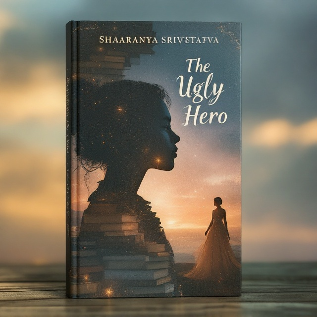 A close-up silhouette of Nora's side profile occupies the left side of the cover. Her features are intentionally roughened, emphasizing her unconventional beauty and defiance of norms. Behind her, a faint glow emanates, symbolizing her radiant essence and inner beauty. On the right side of the cover, we see a faint ethereal image of Elinor, dressed in immaculate white, looking perfectly symmetrical and glowing, almost like a mirage of societal perfection. Between the two characters, books form the background—oversized, ethereal, stacked, and faded—symbolizing Nora’s escape and transformation through knowledge. A smoky, gradient sky transitions from dark blue at the bottom to shades of dawn orange up top, reflecting Nora’s growth and hope.