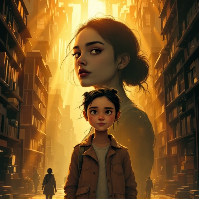 A poignant illustration featuring the protagonist, Nora, standing confidently in the foreground with a determined expression despite her visibly unconventional appearance. Her plain, somewhat awkward features are illuminated softly, showcasing her inner resilience. Behind her, the silhouette of Elinor, a beautiful yet shadowy figure, looms large and radiant, symbolizing societal beauty standards. The background depicts a small-town street transitioning into a library with light rays streaming from books, representing wisdom and self-discovery. The overall color palette consists of muted earthy tones for Nora contrasted with vibrant, golden hues around Elinor.