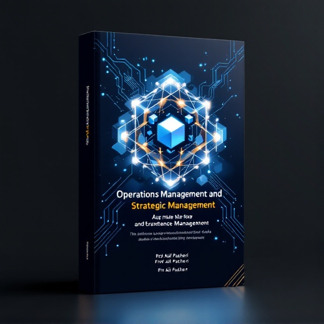A sleek and modern design with a central geometric cube symbol composed of smaller interlocking parts, symbolizing the integration of operations and strategy. The background features a gradient blend of blue and silver tones, representing professionalism and innovation, with subtle overlays of circuit patterns and cogwheels fading into the background.
