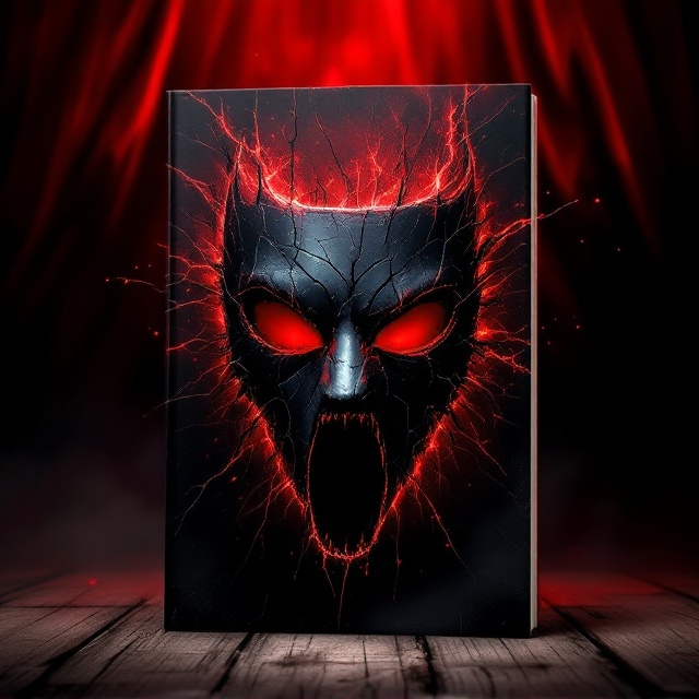A dark, cracked theatrical mask dominates the center of the cover, with ominous, claw-like shadows stretching outward. The background features a smoky, blood-red gradient that fades into a pitch-black void. Jagged, chaotic lines intersect, mimicking a torn curtain. Subtle textures of worn wood and stage lights flicker around the mask, hinting at a haunted stage.