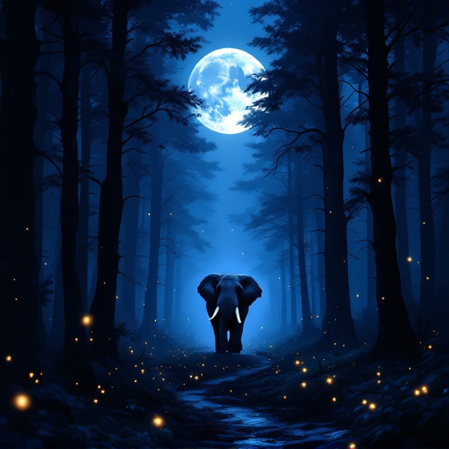 A mystical dark blue forest illuminated by a glowing full moon peeks through gaps in tall, shadowy trees. In the foreground, the silhouette of a large, majestic elephant walks along a misty path. Surrounding the scene, tiny glimmers of light represent fireflies dancing in the night. The moonlight softly bathes the entire setting, creating an ethereal glow that highlights the sense of mystery and adventure.