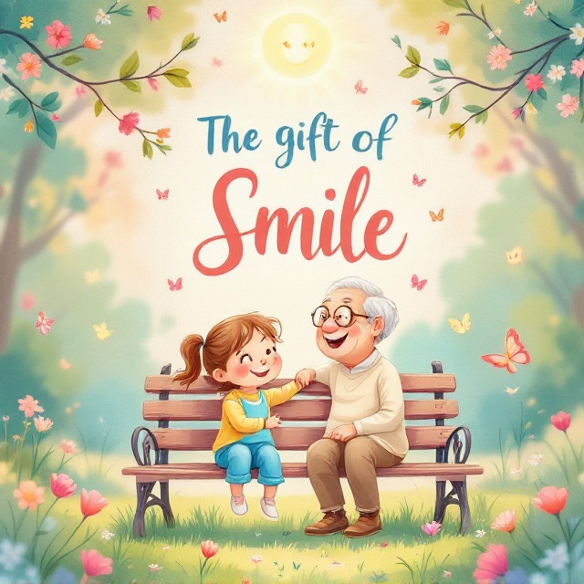 A whimsical, hand-drawn illustration of a child and an older person sitting on a park bench, sharing a warm, genuine smile. Soft pastel colors dominate the scene, with the backdrop being a serene park setting filled with cheerful details like blooming flowers and butterflies. Above, a light, glowing sun emits rays that subtly form smile shapes, adding a subtle, magical touch.