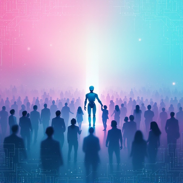A vibrant backdrop combining soft, pastel pink and turquoise gradients, transitioning seamlessly across the cover. A central, glowing silhouette of a humanoid AI robot standing amidst a diverse crowd of people, symbolizing humanity. The robot's hand reaches out, with a subtle light beam connecting it to a human, embodying the interplay of fear and hope. The top and bottom feature digital, circuit-like patterns in faint white, framing the illustration.