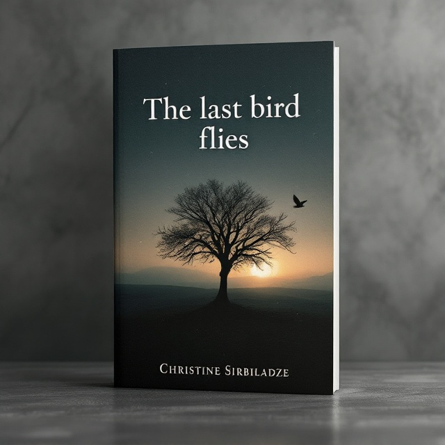 A dark, desolate landscape stretches out across the cover, with a single, stark tree standing in the center, its branches bare. In the foreground, the silhouette of a bird in mid-flight is visible, flying away into a fading, muted sunset. The fading light casts long shadows that gradually become engulfed in darkness. A subtle figure of a woman, blurred and ghostly, is integrated behind the tree, suggesting her presence but not overshadowing the bird.
