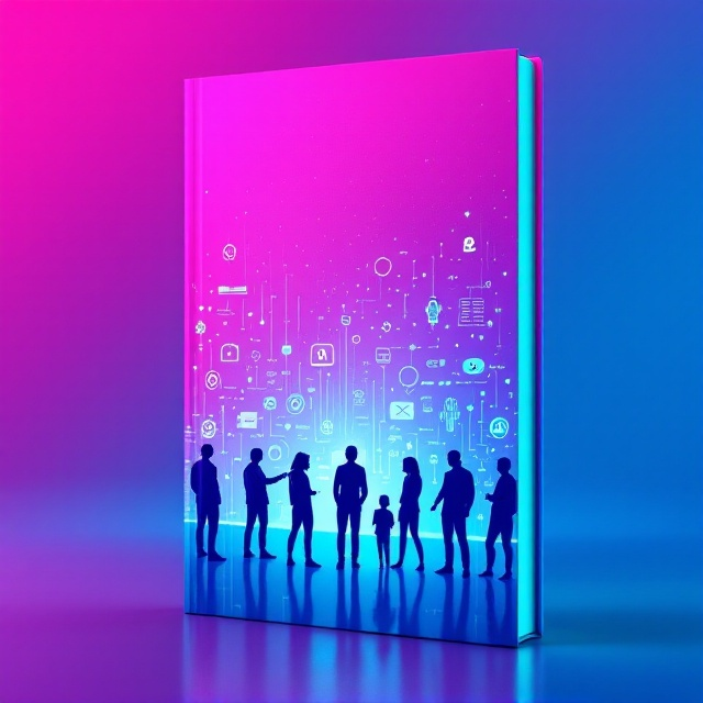 A vivid gradient background that transitions from pink to turquoise, representing two symbolic contrasts human emotions (pink) and artificial intelligence (turquoise). The central element is a silhouette of people interacting with AI icons, like robotic arms, neural networks, and holographic projections. This creates a connected theme where technology and humanity blend naturally. Smaller background elements feature a faint grid pattern to evoke the digital and scientific genre.