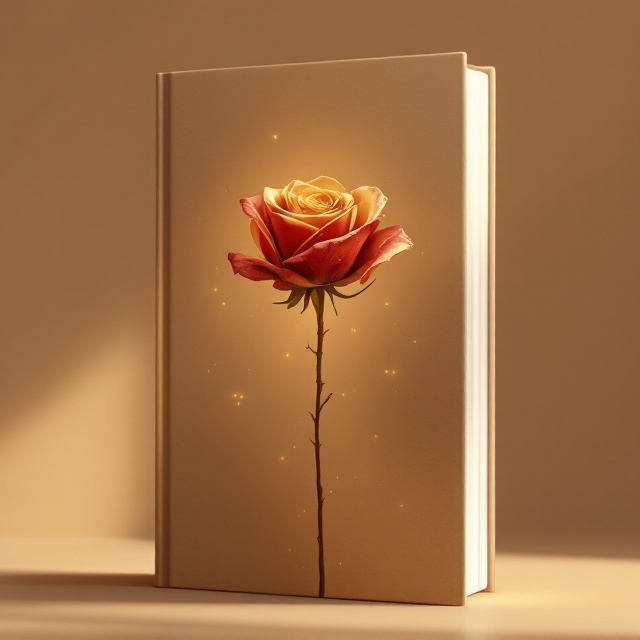 A light brown background with soft, faded gradients, creating a warm yet melancholic tone. Positioned in the center is a single wilted velvet rose with faint gold streaks lighting up its edges, symbolizing love, loss, and renewal. The golden streaks gradually brighten towards the book title, symbolizing recovery and hope.