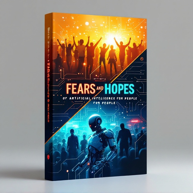 The cover features a dynamic split design with a blend of vibrant yellow, red, and turquoise as the primary color palette. The top half depicts a group of people celebrating with smiles and holographic AI overlays, symbolizing "hopes." The bottom half showcases dark silhouettes, a robot in ominous red glowing eyes, and a shadowy crowd depicting "fears." A circuit pattern flows diagonally across the book, connecting the two halves, representing the duality of artificial intelligence.