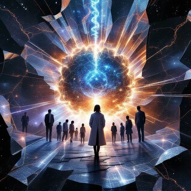 The cover design features a centralized, torn spacetime vortex that radiates outward, its jagged, reflective edges resembling shattered mirror shards. Each shard refracts light into a kaleidoscope of vivid, emotional color spectrums. Visible silhouettes are anchored within distinct fragments—on the left, a floating medical chest badge; at the center, a poised figure in a business suit holding a star map; on the bottom right, a shadow adorned with a patriotic embroidered badge on a traditional zhongshan suit; and on the top left, a faint pocket watch chain draping across the shard. At the heart of the vortex, the female protagonist stands in her laboratory coat, her left hand projecting a shimmering future-tech metropolis hologram while her right hand grips a radiant, spiraling DNA strand of light. Her coat’s hem dissolves into a cascading stream of zeros and ones. The storming sky is awash with lightning bolts transformed into binary code rain, with robotic fragments and faint kiss images hidden in the glowing downpour. Half her body stands on a shining modern-day cityscape, while the other half teeters on the eroding ruins of a distant mechanized future (~2500). A faded ouroboros mechanical serpent swirls in the background star nebula, its coiled form subtly encircling the entire visual.