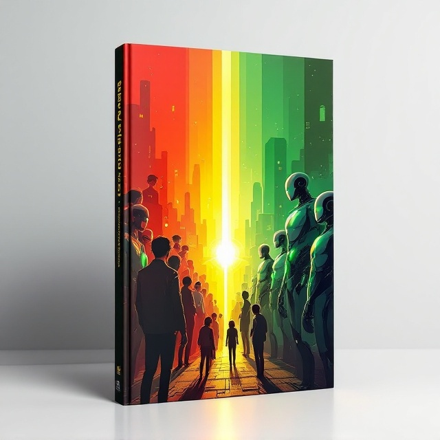 A striking illustration of a futuristic cityscape with humans and robots interacting. On the left side of the cover, a group of people displays a mix of emotions fear and curiosity. To the right, robots with humanoid features stand serenely with glowing green lights emanating from their core. The background is divided diagonally red tones on the left side encapsulate tension and fear, while calming green tones on the right depict hope and harmony. Yellow is used for a glowing central light that symbolically bridges the two contrasting emotions.