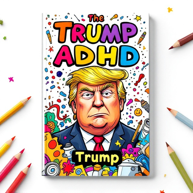 The cover features a bold cartoonish caricature of Trump with a humorous exaggerated expression. Surrounding him are vibrantly colored doodles, abstract shapes, and unfinished sketches to emphasize its coloring-book theme. The background is white to allow the vibrant colors of the elements to pop. Pencils, colored markers, and paint splashes are scattered dynamically to create a joyful and energetic vibe.