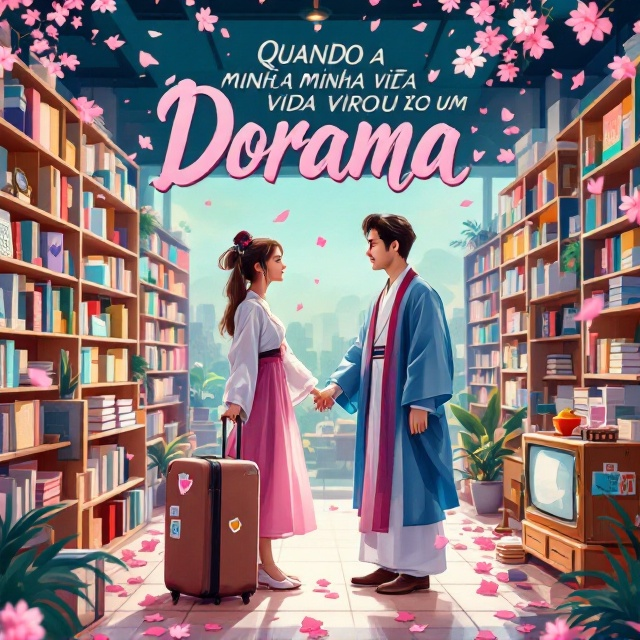 The scene shows a lively Korean bookstore with vibrant shelves filled with books, but the focal point is at the center of the cover. A young Brazilian woman is illustrated with her suitcase that has travel stickers on it, symbolizing her journey. She's slightly tilted after having bumped into a handsome Korean man dressed in a regal hanbok. He holds her by the arms as their eyes meet in a moment charged with romantic tension. Surrounding them are floating cherry blossom petals scattered across the space, adding a dreamy atmosphere. A subtle outline of a vintage television is blended into the bookstore background.