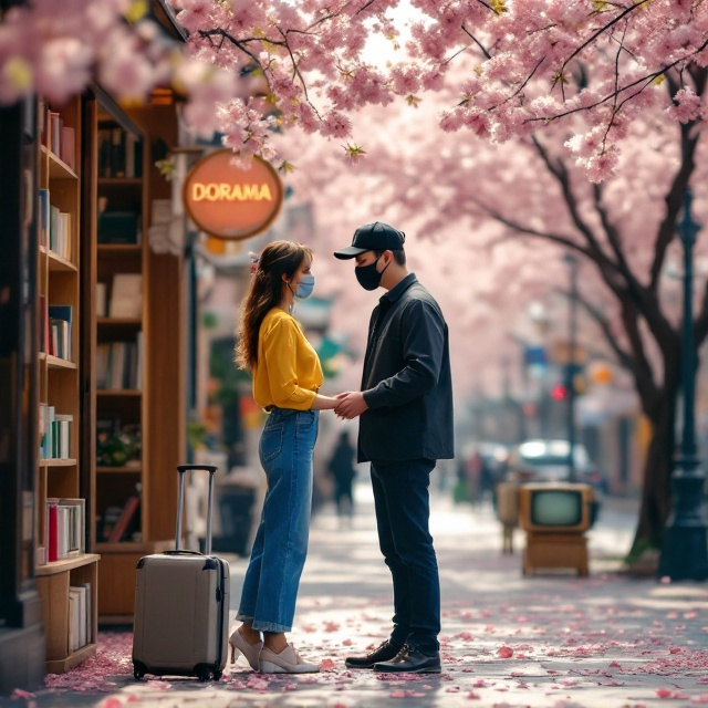 The cover showcases a picturesque street in South Korea under a canopy of blooming cherry blossoms. To the left of the frame, there is a young woman wearing a bright yellow blouse (symbolizing Brazil’s flag) and blue jeans, standing next to a small suitcase. She is portrayed mid-movement, appearing slightly taken aback as a man bends down toward her, holding her by the arms to steady her from falling. He is wearing a stylish black cap and a face mask, his eyes locking with hers in a moment of electrified connection. Shelves of books are visible lining the inside of an open bookstore window beside them. In the far background, cherry blossom petals are floating in the air. A faint, vintage-style television is also subtly overlaid in a pink pastel haze, almost as a shadow behind the couple, creating an additional layer of romance and nostalgia.