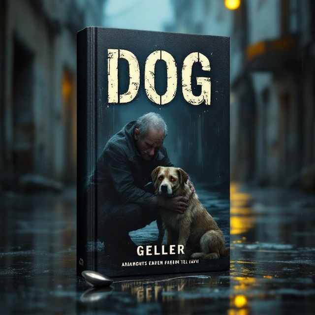 A dimly lit scene of a rain-soaked alley in Tel Aviv, with puddles reflecting faint streetlights and dilapidated buildings in the background. A frail man, Geller, crouches on the ground, his face partially hidden in shadow, holding onto a stray dog. The dog looks directly at the viewer with a mixture of pain and hope in its eyes, its fur matted and damp. A silver spoon lies bent on the wet pavement beside them. The colors are muted—grays, blues, and browns—except for a faint golden glow coming from the dog's eyes, symbolizing compassion and resilience amidst the despair.
