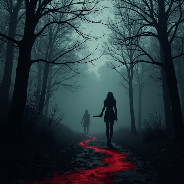 A desolate and foggy forest scene at night, with faint silhouettes of a woman holding a knife in the distance, her figure blending with the shadows. A blood-red faint trail leading toward the viewer fades into the black background. Faintly scratched textures overlay the entire cover to create an aged, eerie feel. The title emerges from the fog, partially obscured, as though it too is hidden in the mystery.