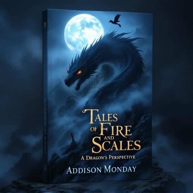 A dark, moody cover dominated by a towering, jagged cliff bathed in moonlight. A large, ominous full moon sits slightly off-center at the top of the cover, casting a pale glow over the fog that swirls around the cliff's edges. A massive dragon with glowing amber eyes curls around the cliff's peak, its wings semi-unfurled and shadowy in the mist. Above the dragon, another smaller silhouette of a dragon soars through the fog toward the glowing moon. The colors are predominantly deep blues, silvers, and blacks, with faint touches of fiery orange from the dragon's eyes.