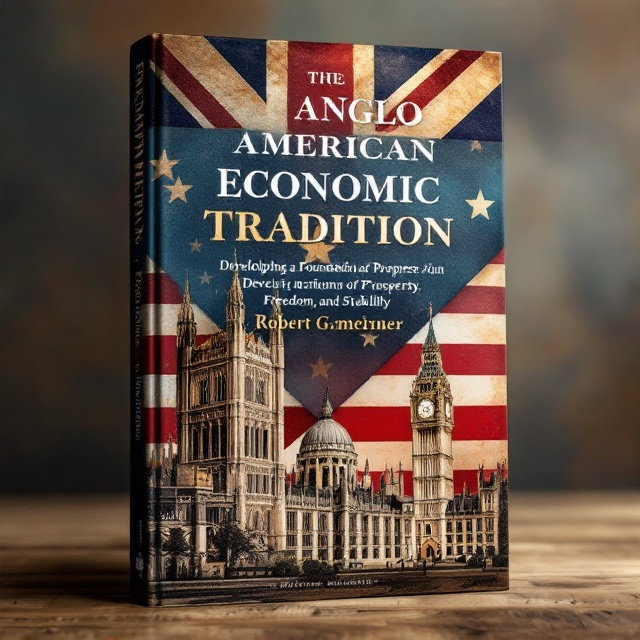 The background has an artistic blend of the Union Jack and the American flag, layered diagonally to emphasize harmony and connection. Westminster Palace and Independence Hall are positioned symmetrically in the lower foreground, with Westminster to the left and Independence Hall to the right. Both structures are illustrated in detailed, vintage sketch style to evoke nostalgia and historical depth. The sky above the buildings transitions into a gradient of blue with subtle golden highlights, symbolizing prosperity and optimism.