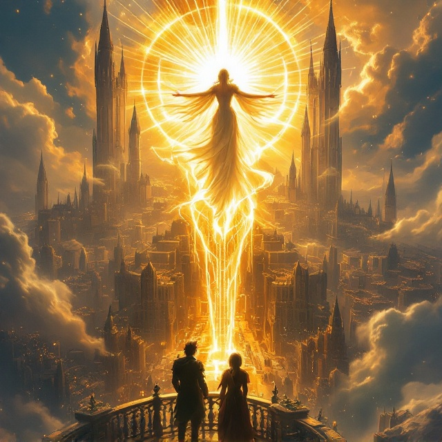 The cover features a majestic aerial view of the city, starting from the gleaming white castle at the apex of the hill, cascading downwards with the Academy of Magic midway and the dark, imposing Mage Guild at the bottom. Beneath this sprawling cityscape lies the concentric rings of bustling streets and the protective outer keep. At the forefront, Ryn and Vyla are positioned on a high balcony, gazing upwards at the towering, radiant figure of the Goddess Lunaria. Her form is ethereal, bathed in gold and silver hues, her flowing gown shimmering like a dawn-lit sky. Her outstretched arms emanate beams of light that touch every corner of the city. The warm interplay of glowing sunlight and cool shadows enhances the divine atmosphere.