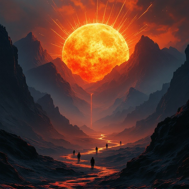 A dusky landscape dominated by a fiery, bleeding sun half-hidden by jagged mountains. Ghostly silhouettes of figures are scattered across the foreground with long distorted shadows stretching towards the viewer. Interwoven, faint streaks of golden light slice through a misty, cold-blue fog. The sky is an eerie mix of deep oranges and purples, setting a somber, heavy tone.