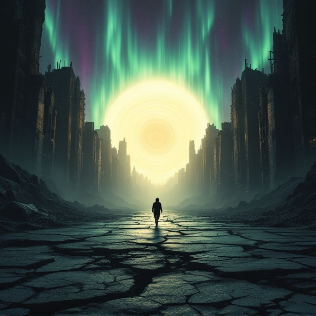 An ominous, almost desolate landscape of a futuristic city, largely abandoned with towering, dilapidated structures. A small, shadowy figure is depicted running into a glowing, mysterious vortex in the distance. The sky is dark, marred with violent streaks of green and purple auroras, giving an unsettling, otherworldly tone. The ground is cracked, with hints of artificial technology peeking beneath the surface. The vibe is eerie and unsettling, mixing fear with intrigue and evoking questions of existence and escape.
