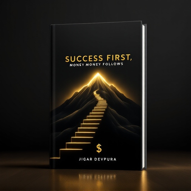 A sleek gold staircase emerging from the bottom center of the cover, leading towards an abstract mountain peak glowing with soft golden light in the horizon, set against a deep black background. A faint outline of a subtle dollar symbol incorporated into the base of the staircase. The title "Success First, Money Follows" is prominently displayed in bold, all-caps gold typography with a glossy finish, centered in the middle. Below the title, in smaller but still bold white typography, is the tagline (not specified, placeholder can be added if required). The author’s name, “Jigar Devpura,” is placed at the bottom of the cover in minimalist sans-serif font in soft white.