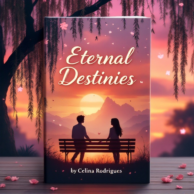 A dreamy sunset background with hues of orange, purple, and pink blending smoothly into each other, symbolizing the roller-coaster of emotions the protagonist navigates. Silhouettes of two characters—a boy and a girl—are standing on opposite sides of a bench under the drooping branches of a willow tree, symbolizing their initial connection and eventual separation. In the foreground, delicate motifs of falling cherry blossoms evoke the lightness of romance and the bittersweet aspect of destiny.