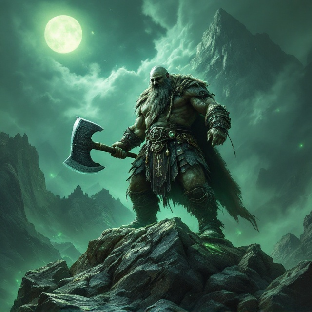 A stocky, fierce dwarven warrior with a long braided beard and a massive double-bladed axe stands on a rocky mountain peak. He is illuminated by pale green moonlight streaming through stormy clouds. Viking runes, glowing faintly in mystic green hues, are etched into the jagged rocks at his feet. A faint silhouette of a dwarven stronghold can be seen carved into the distant mountain. The entire scene feels powerful, steeped in mysticism, and brimming with adventure.
