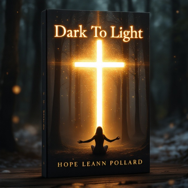 A bright, glowing cross is centered, piercing through a deep, shadowy forest. The woods are depicted in dark, moody colors, transitioning into ethereal beams of golden light emanating from the cross. In the foreground, a silhouette of a girl is kneeling with arms outstretched in praise. Subtle, gentle bursts of light snowflakes or particles float around, adding a heavenly ambiance.