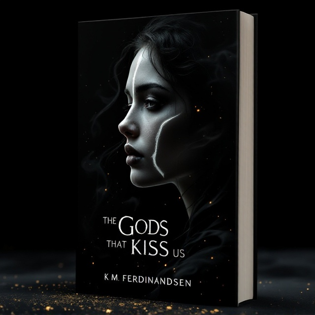 Dark, monochromatic tones dominate as the cover is shrouded in an intense black background. A striking side profile of a beautiful, young woman emerges out of the darkness, her skin pale and seemingly illuminated by a soft, haunting light. The defining feature is a stark white line etched diagonally down her right cheek, reminiscent of both a scar and a celestial mark. Shadows trail off her figure, creating depth and mystery. Wisps of smoky tendrils drift around, giving a sense of ethereal power and tortured beauty. The subtle shimmer of faint golden particles scatters faintly in the background, adding a magical yet restrained glow.