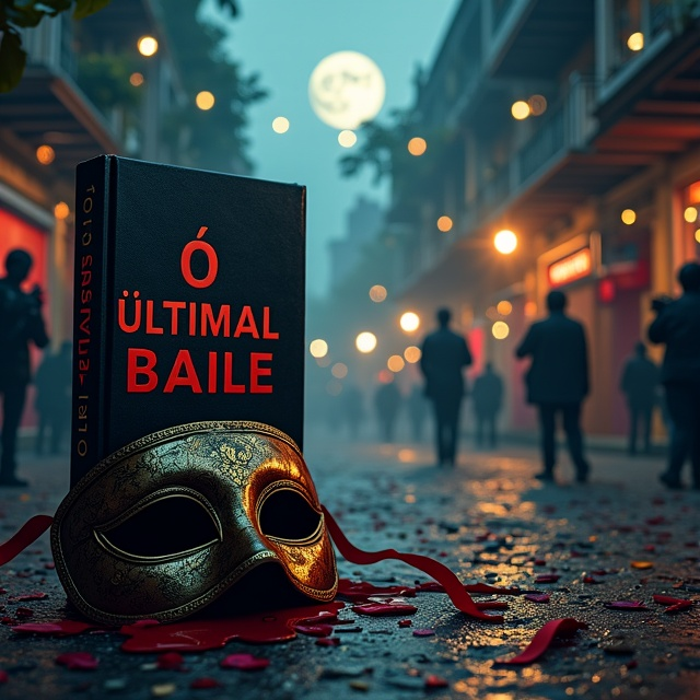 A dark, moonlit Brazilian carnival street forms the main visual. Vibrant but eerie masks, confetti, and streamers contrast the shadows. In the foreground, there is a masquerade mask tipped slightly on its side, stained with a single streak of blood. In the middle distance, almost shrouded by mist, silhouettes of reporters with vintage cameras and bright flashes from their bulbs create a sense of chaos. The carnival banners in the background are frayed, adding a foreboding tone.