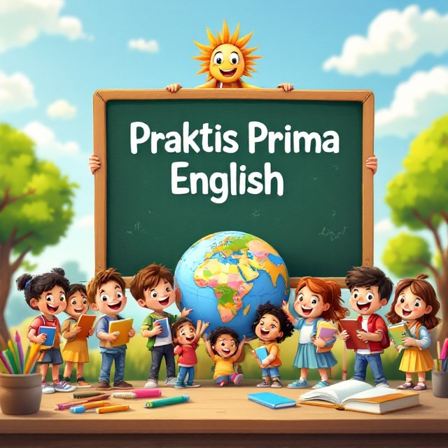 A cheerful, spirited schoolyard scene with a group of diverse, smiling children carrying books, waving, and playing around a big, cartoonish globe featuring various countries. The title, "Praktis Prima English," is displayed prominently on a school blackboard in the background. The sky is a bright blue with soft clouds, and the foreground has elements like a wooden desk with colorful stationery (pencils, an eraser, a ruler, and crayons). A friendly, animated sun peeks from the top corner, adding liveliness to the scene.