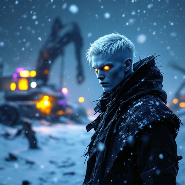 The cover showcases a hyperrealistic mid-shot of the albino man in a 2/3 face angle, set against a desolate, snow-covered junkyard at night. He is dressed in tattered, black clothing, his platinum-white hair and glowing gold ingot eyes contrasting vividly with the dark background. Heavy, atmospheric snow falls across the cover in swirling patterns. Broken, rusted machinery protrudes from the snowy ground, illuminated by neon violet and yellow hues in the distance, casting faint, ghostly light over the man's angular face. The cinematic lighting creates a dramatic contrast, with deep shadows and glowing highlights, capturing a hauntingly cold and gritty aesthetic.