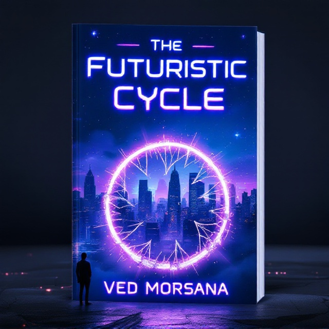 A futuristic city skyline at night is shown, with towering skyscrapers glowing in neon blues and purples, shrouded partially in mist. A shattered glowing cycle wheel floats in the foreground, radiating light beams that spread throughout the cover. The background fades into space, with faint stars and a mysterious, shadowy figure barely visible, standing atop a high structure overlooking the city.