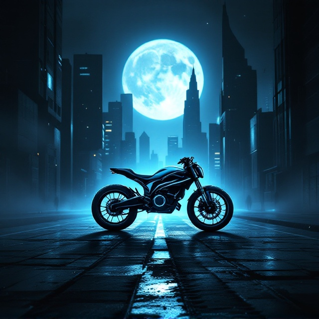 A sleek, metallic-looking futuristic bike is silhouetted against a glowing, foggy, moonlit skyline dominated by sharp, high-tech buildings. The foreground shows fragmented tire tracks fading into a dimly lit alley, with shadows hinting at unseen, mysterious figures. The color scheme consists of deep blues, blacks, and neon accents, creating a sense of intrigue and drama.