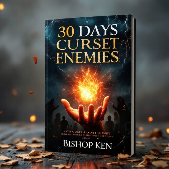 A dark, ominous background of a stormy night with lightning flashing in the sky, symbolizing divine wrath. Shadowy, translucent figures in the background symbolize enemies being cursed. A glowing, ethereal hand appears at the center-top casting down curses, bathed in a fiery red-orange aura. Torn fragments of ancient scriptures flutter near the bottom to convey the spiritual undertone.