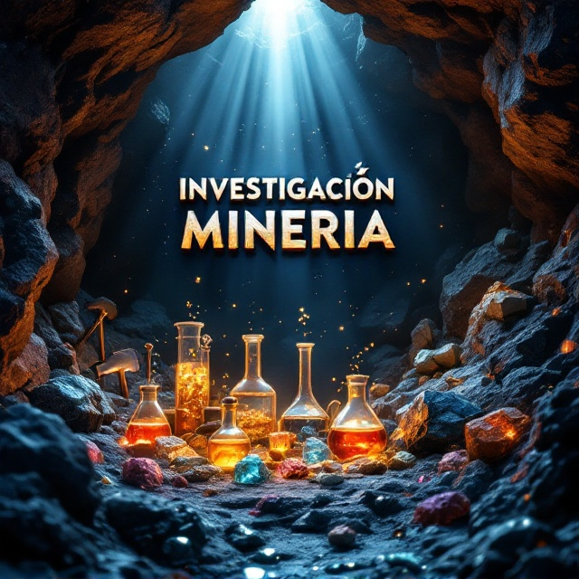 A rugged underground mining scene enriched with vibrant mineral deposits and chemical beakers placed in the foreground. The background portrays dark, textured rock walls with gleaming minerals embedded in them. Shaft beams of light cut through from above, illuminating a mix of raw ores, gemstones, and mining tools like pickaxes (⛏) and hammers (⚒). A subtle mist effect surrounds the scene, giving it an ethereal touch.