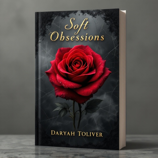 standing book mockup, Its title is "Soft obsession ". Its author name is Daryah Toliver.  A single deep red rose sits at the center, its petals adorned with faint water droplets, some resembling bloodstains. The background is a subtle charcoal gradient with shadowy swirls of smoke, creating a mysterious, haunting vibe. Shattered glass cracks radiate outward from behind the rose, faintly embedded into the background. Thin wisps of black lace flow diagonally across the lower edge, adding a touch of sensuality and elegance. "Soft" is in an elegant, flowing script font, slightly italicized, with a faint gold embossing effect to emphasize its delicate tone. "Obsessions" appears in a bold, distressed serif font, in a deep burgundy hue, creating a contrast in intensity. The author's name, "Daryah Toliver," is placed at the bottom in clean, modern, uppercase lettering, in a soft silver tone., The rose is positioned centrally on the cover with shadowy smoke swirling around it, acting as an organic frame. The title is placed near the top-middle section, with "Soft" slightly larger and placed directly above "Obsessions" for layered depth. The subtitle (if included) follows directly under the title in smaller, minimalist italicized text. Delicate lace wisps flow diagonally along the lower border, while the author's name is spaced evenly at the bottom.