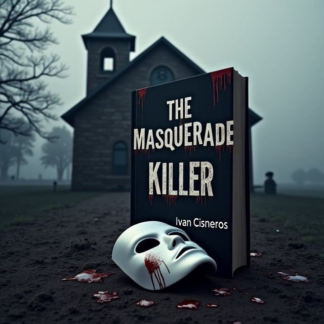 The cover showcases a stark, moody rural landscape at twilight. In the foreground of the image is a white, blank masquerade mask streaked with fresh blood, lying tilted on a patch of dirt. The background features a shadowy outline of an older 1900s-style stone church—its windows darkened, and its steeple reaching skyward. A faint mist drifts across the noir-like scenery, adding an eerie atmosphere. Subtle figures of murder victims (blurred and ghostly) are embedded faintly into the mist near the edges of the design, barely noticeable at first glance.