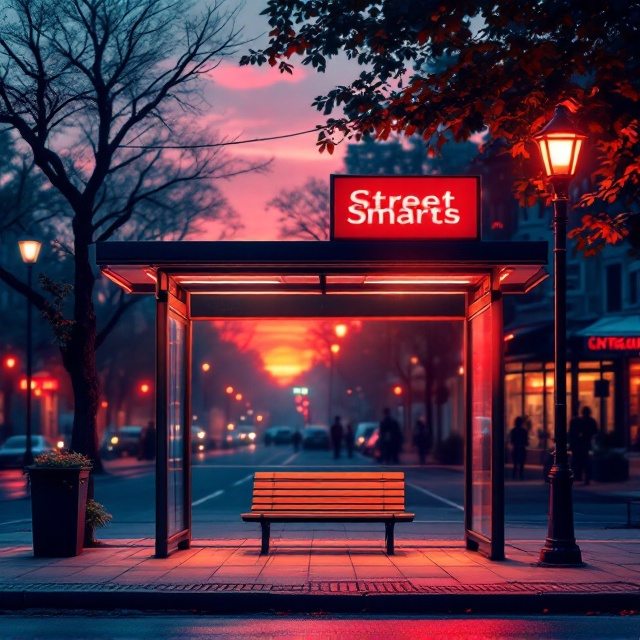A vibrant, energetic street corner scene at sunset. The backdrop features a cool, welcoming ambiance with a bus stop in the foreground. A cozy bench sits beneath the bus stop sign, with faint silhouettes of people in conversation or waiting for the bus. The surrounding street is adorned with subtle red-tinted lights emanating from streetlamps and shopfronts, blending seamlessly into a white, open space where the title text stands out.