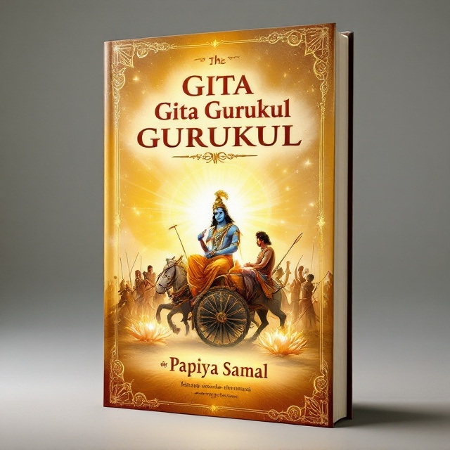 The cover features a visually rich illustration of Lord Krishna and Arjuna on a chariot in the center, representing the battlefield scene from the Bhagavad Gita. Lord Krishna, depicted with radiant blue skin and golden ornaments, exudes divine grace. Arjuna, armored and introspective, is shown receiving Krishna's guidance. The chariot is enveloped in a luminous yellow and white gradient background that radiates calmness and spiritual energy. Ornamental patterns reminiscent of ancient Indian designs frame the edges softly. The title "Gita Gurukul" dominates the top portion in elegant, bold fonts, with a glowing Sanskrit-inspired texture. At the bottom, in smaller but distinct fonts, the author name "Papiya Samal" is placed against a subtle lotus motif.
