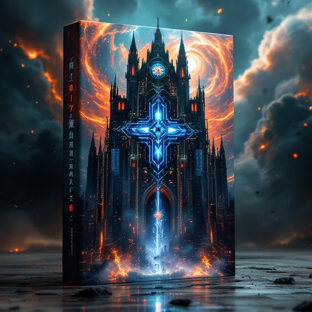 The cover features an ominous and towering gothic-style structure, the 魂殿, with sharp, spired rooftops glowing faintly with blood-red runes etched across their dark stone surfaces. Suspended in front of the structure is a fragmented "反派系统界面," a collection of floating digital panels, glowing in cool blue tones with data streams pulsating around it. Mechanical chains extend outward from the system interface, tangling with the edges of the architecture as if binding it. A swirling, vivid fire effect in the lower foreground represents the "异火融合态," with dancing flames of white-blue (骨灵冷火) and dark violet-black (虚无吞炎). In the upper background, a smoldering void reveals shattered heavenly skies, highlighting massive spatial rifts with floating remnants of celestial star maps.