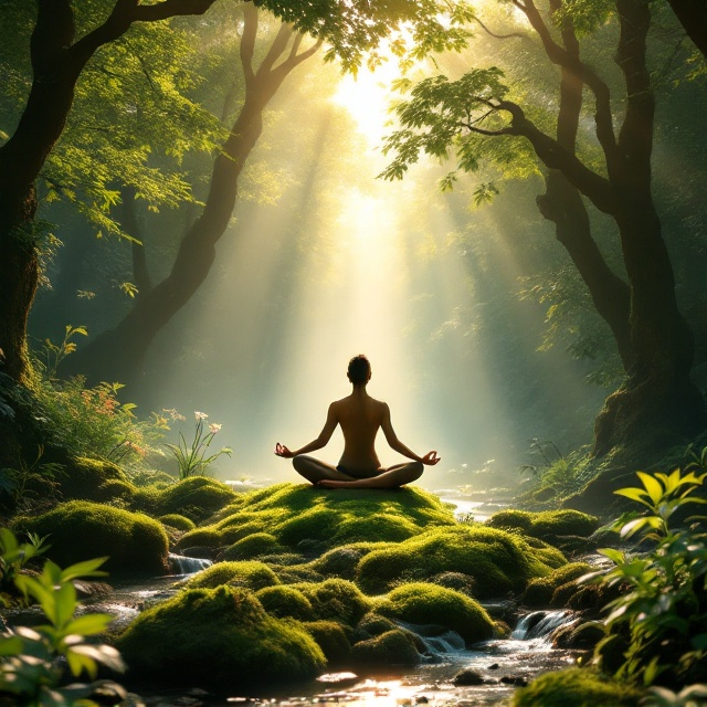 A serene forest clearing at sunrise, with soft light streaming through the trees. A person in a yoga pose (Tree Pose) is centered, grounded on a bed of moss with subtle natural elements such as herbs, flowers, and water flowing nearby. The colors are vibrant greens, earthy browns, warm sunrise gold, and soft blues.