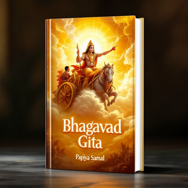 A vibrant illustration depicting Shri Krishna in his divine charioteer form, seated on a grand chariot and pointing towards the battlefield, while Arjun listens with folded hands, symbolizing surrender and seeking wisdom. Shri Krishna glows with an ethereal aura, radiating spirituality and divinity, placed on a golden-yellow background with soft white clouds, giving a heavenly impression. The bottom half includes subtle details of the battlefield fading into the background, ensuring the focus remains on Shri Krishna and Arjun.
