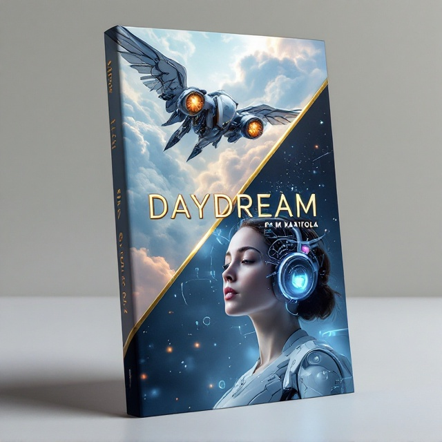 The cover is divided diagonally from the top-left to the bottom-right. On the upper half, a sleek, metallic robot with large, intricate wings and glowing jet turbines dominates the space, captured mid-flight against a backdrop of swirling, ethereal clouds. The lower half showcases a young woman in soft, ambient lighting, connected to a futuristic headset with holographic elements swirling around her head, as if in a dream state. Her expression is peaceful and focused, conveying a sense of wonder and exploration.