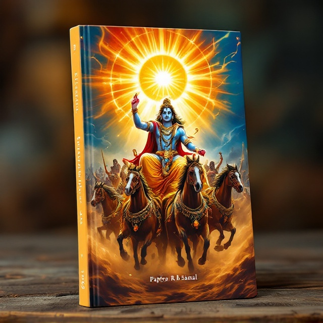 An intricate illustration of Lord Krishna in a majestic chariot, vividly depicted at the center of the cover. Lord Krishna is guiding Arjuna, who is beside him. Surrounding them is the backdrop of the Mahabharata war, with detailed imagery of warriors, swirling dust, horses in motion, and gleaming jewelry. The sun shines brightly, casting a divine aura around Krishna as he holds a radiant chakra.