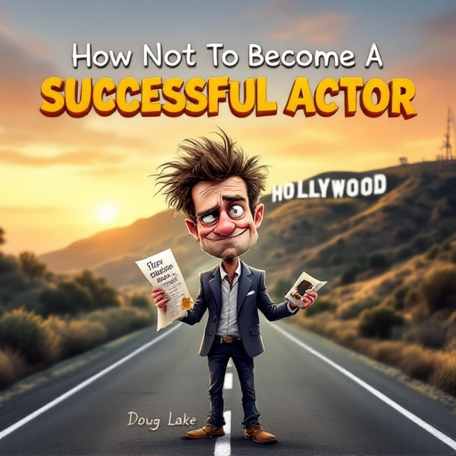 The cover features a caricature of an actor who looks frazzled and slightly comical, with tousled hair and a wrinkled suit. He stands on an empty road, holding a script filled with coffee stains in one hand and a battered headshot in the other. The iconic Hollywood sign is apparent in the distance but humorously tilted and sagging, suggesting mishap and imperfection. The background has a sunrise or sunset glow, hinting at the hopeful dawn or end of a chaotic day in Hollywood.