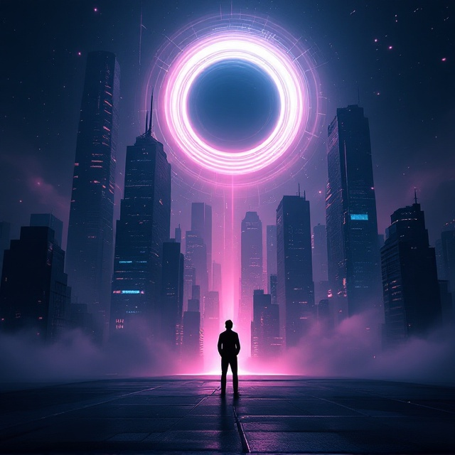 standing book mockup, Its title is "The Futuristic Cycle". Its author name is VED PATEL.  A dimly lit futuristic cityscape stretches across the cover with towering skyscrapers shimmering under a veil of blush neon lights. A silhouette of a lone figure stands on a rooftop, gazing towards an enigmatic ringed planet hovering above. Mist swirls around the base of the buildings, and faint digital circuit patterns subtly overlay the scene, enhancing a sense of mystery. Bold, sans-serif typeface for the book title placed centrally, with a slight metallic sheen to reflect the futuristic theme. The author's name, VED PATEL, is styled in a sleek, narrow font at the bottom, ensuring balance and harmony., The visual elements create a deep sense of verticality, with the cityscape and planet drawing the eye upward. The title "The Futuristic Cycle" sits prominently in the upper third of the cover, while the author's name anchors the bottom, surrounded by the misty ambiance.