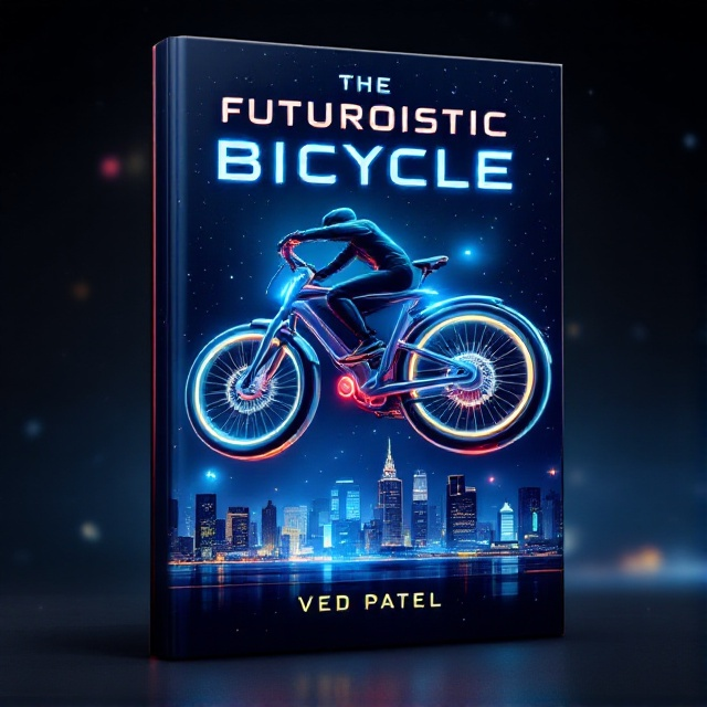 A sleek and futuristic bicycle is positioned in the center of the cover, set against a dramatic, starry night sky. The bicycle appears levitating above a digital cityscape, its metallic and neon colors reflecting the various lights of the city. A shadowy figure is seen riding the bicycle, adding an element of intrigue and mystery.