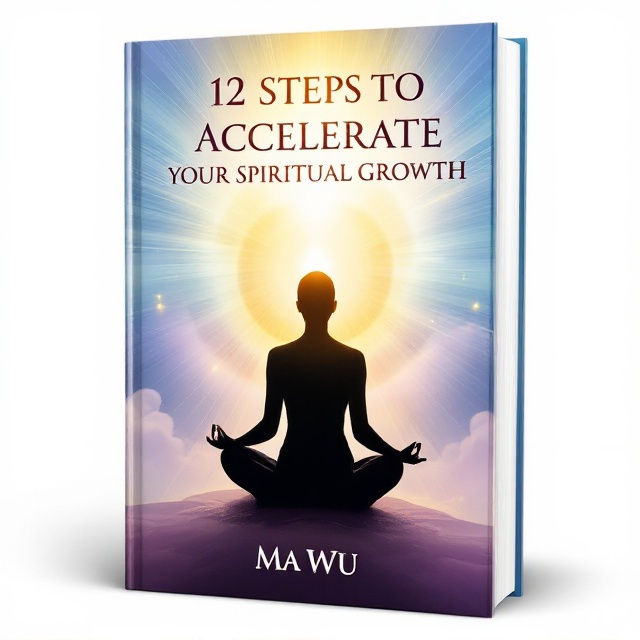 A silhouette of a person meditating at the center of the cover, surrounded by radiant golden rays that symbolize spiritual enlightenment. In the background, soft gradients of blues and purples, merging harmoniously to represent peace and transformation. At the very top, a subtle halo effect that adds an aura of divinity and enlightenment.