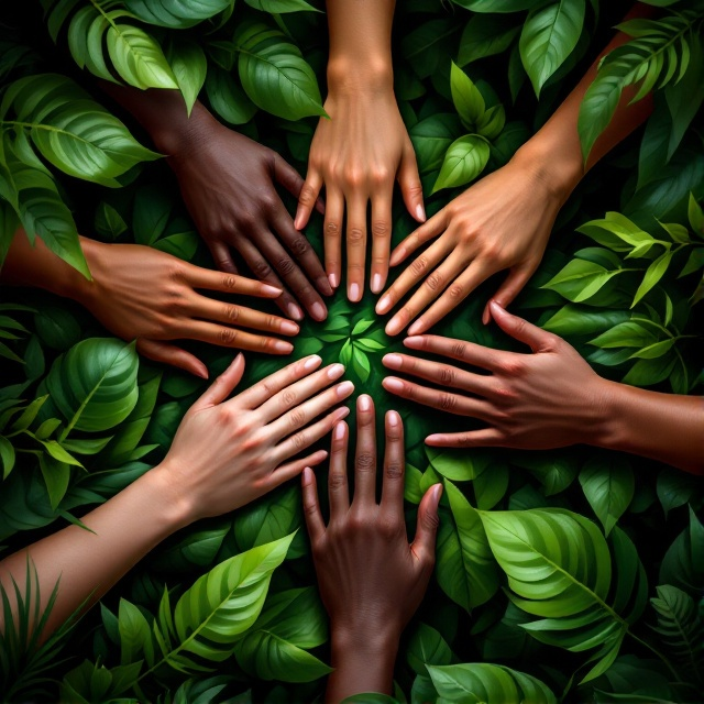 The cover presents a top-down view of five hands overlapping in a central circle, emerging from the lush jungle leaves that form the background. The hands differ in skin tones to emphasize diversity and friendship. Shading and highlights give depth, while soft beams of light filter through the leaves, suggesting mystery and adventure.